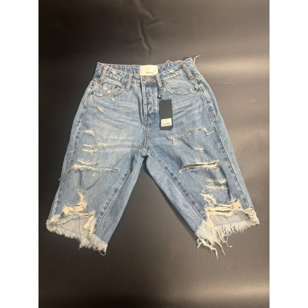 One Teaspoon NWT Long Trucker Denim Distressed Shorts in Blue Size 24‎ MSRP $135